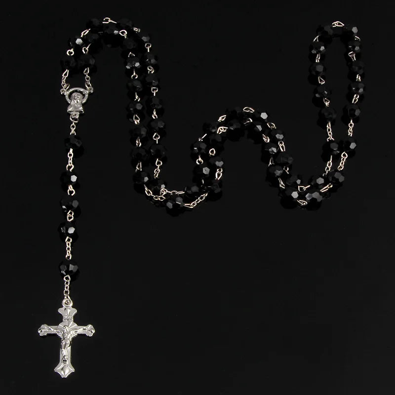 8mm Fashion Rosary Necklace – Christian Cross Pendant Long Chain Jewelry