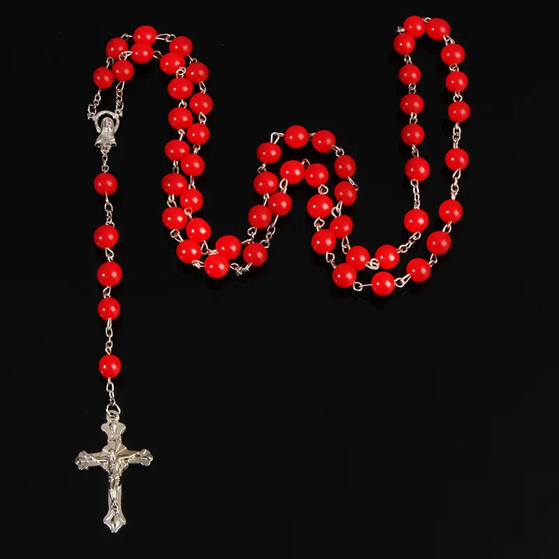 8mm Fashion Rosary Necklace – Christian Cross Pendant Long Chain Jewelry