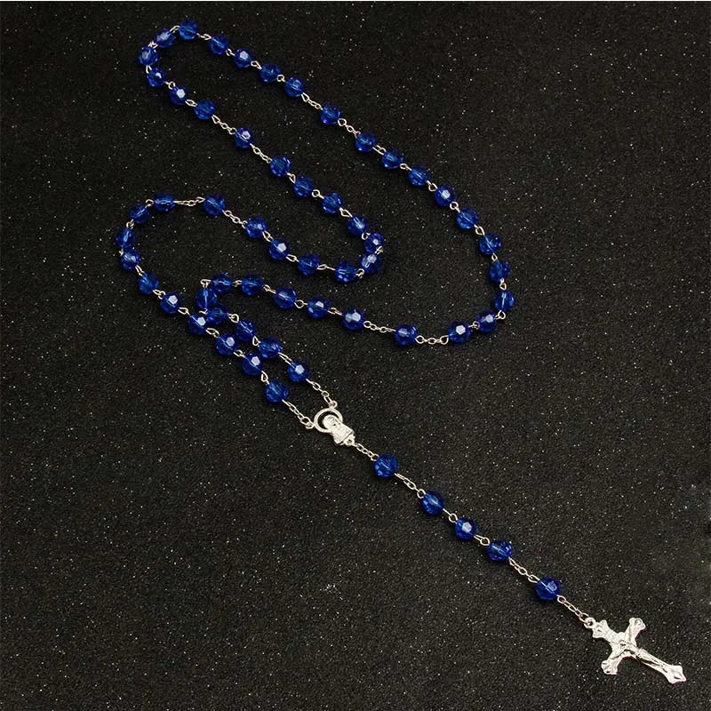 8mm Fashion Rosary Necklace – Christian Cross Pendant Long Chain Jewelry