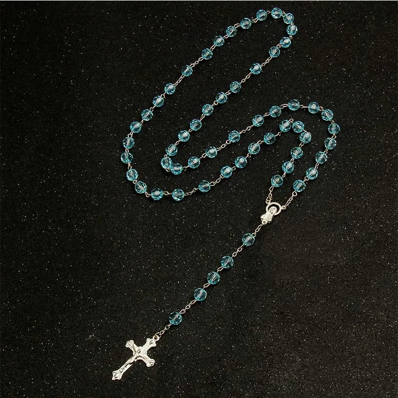 8mm Fashion Rosary Necklace – Christian Cross Pendant Long Chain Jewelry