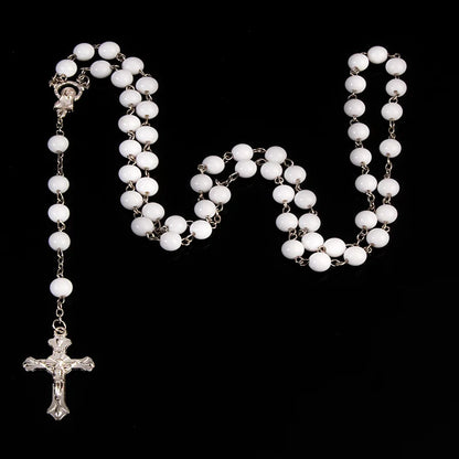 8mm Fashion Rosary Necklace – Christian Cross Pendant Long Chain Jewelry