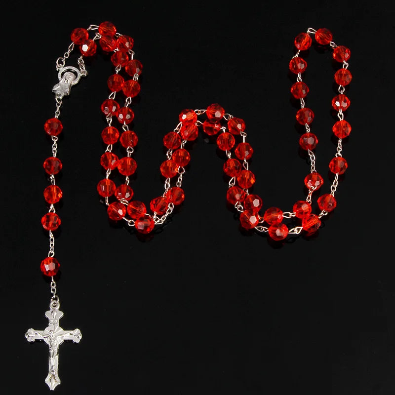 8mm Fashion Rosary Necklace – Christian Cross Pendant Long Chain Jewelry