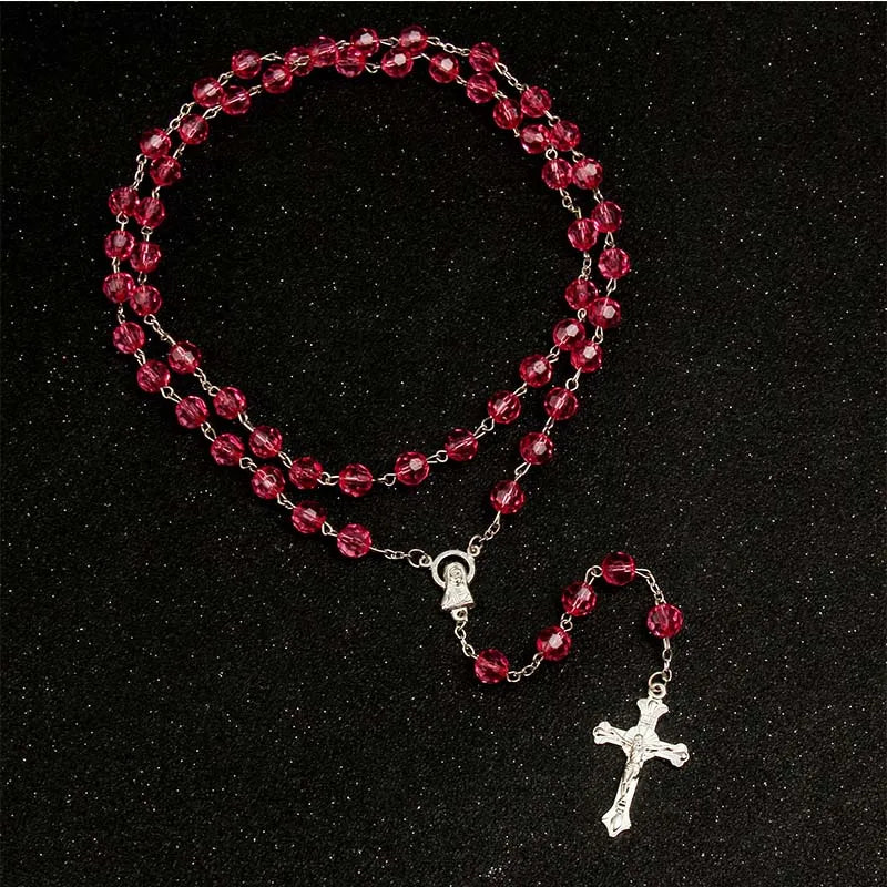 8mm Fashion Rosary Necklace – Christian Cross Pendant Long Chain Jewelry