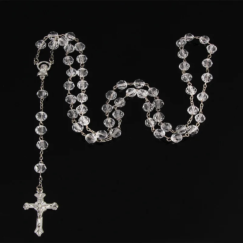 8mm Fashion Rosary Necklace – Christian Cross Pendant Long Chain Jewelry