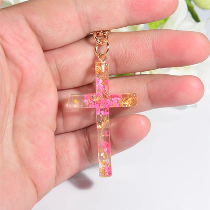 Dried Flower Resin Cross Keychain