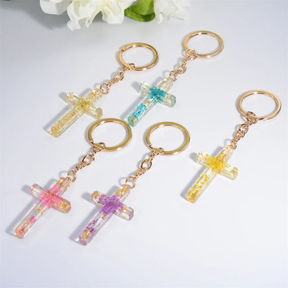 Dried Flower Resin Cross Keychain