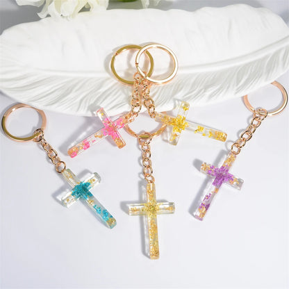 Dried Flower Resin Cross Keychain